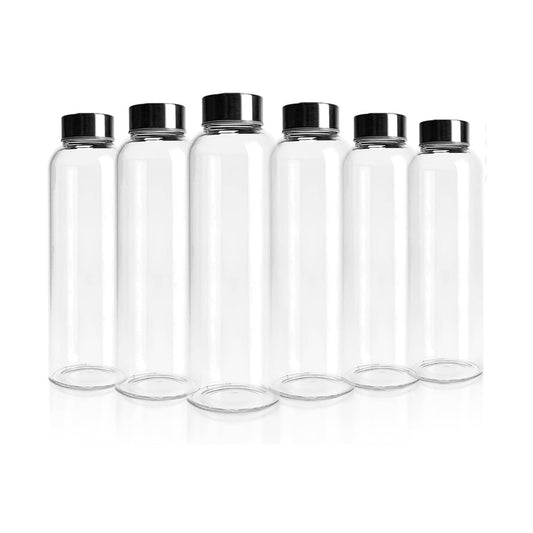 Kitchee 500ml Glass Water Bottle with Stainless Steel Lid - Set of 6 Drink Bottles
