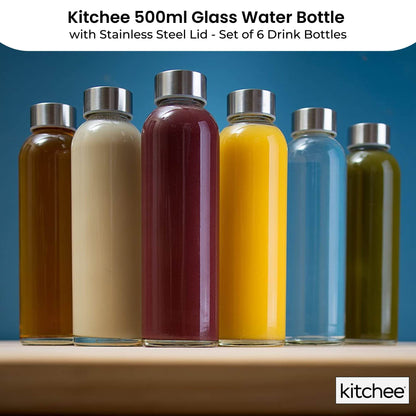 Kitchee 500ml Glass Water Bottle with Stainless Steel Lid - Set of 6 Drink Bottles