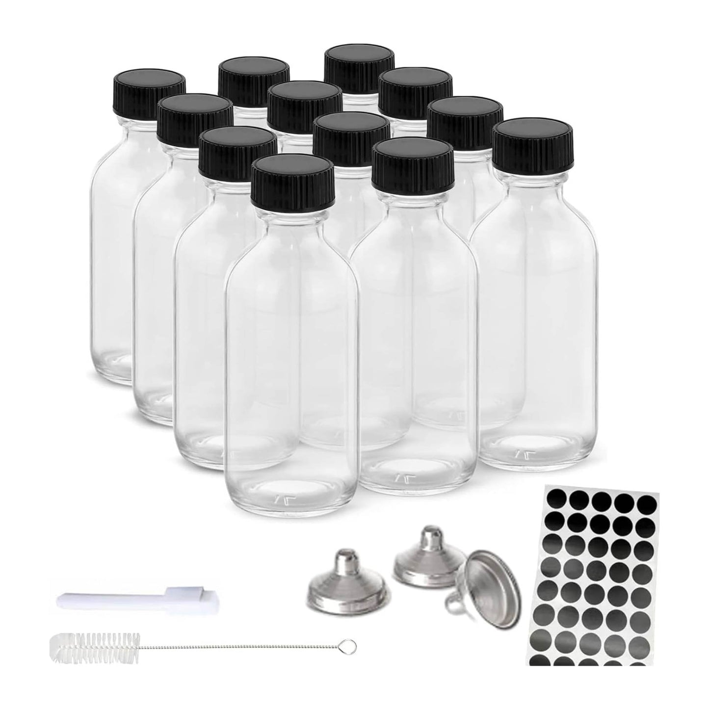 Kitchee 12x 60ml Small Glass Bottles + Lids Funnels Brush Labels Pen
