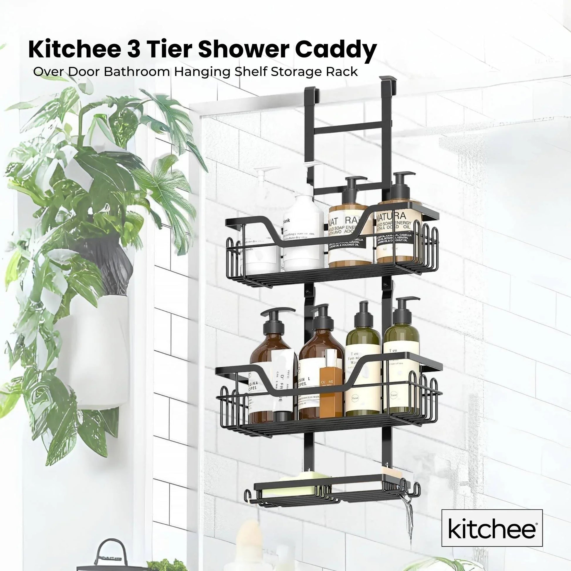 Kitchee 3 Tier Shower Caddy Over Door Bathroom Hanging Shelf Storage Rack Black - Mekamart Australia