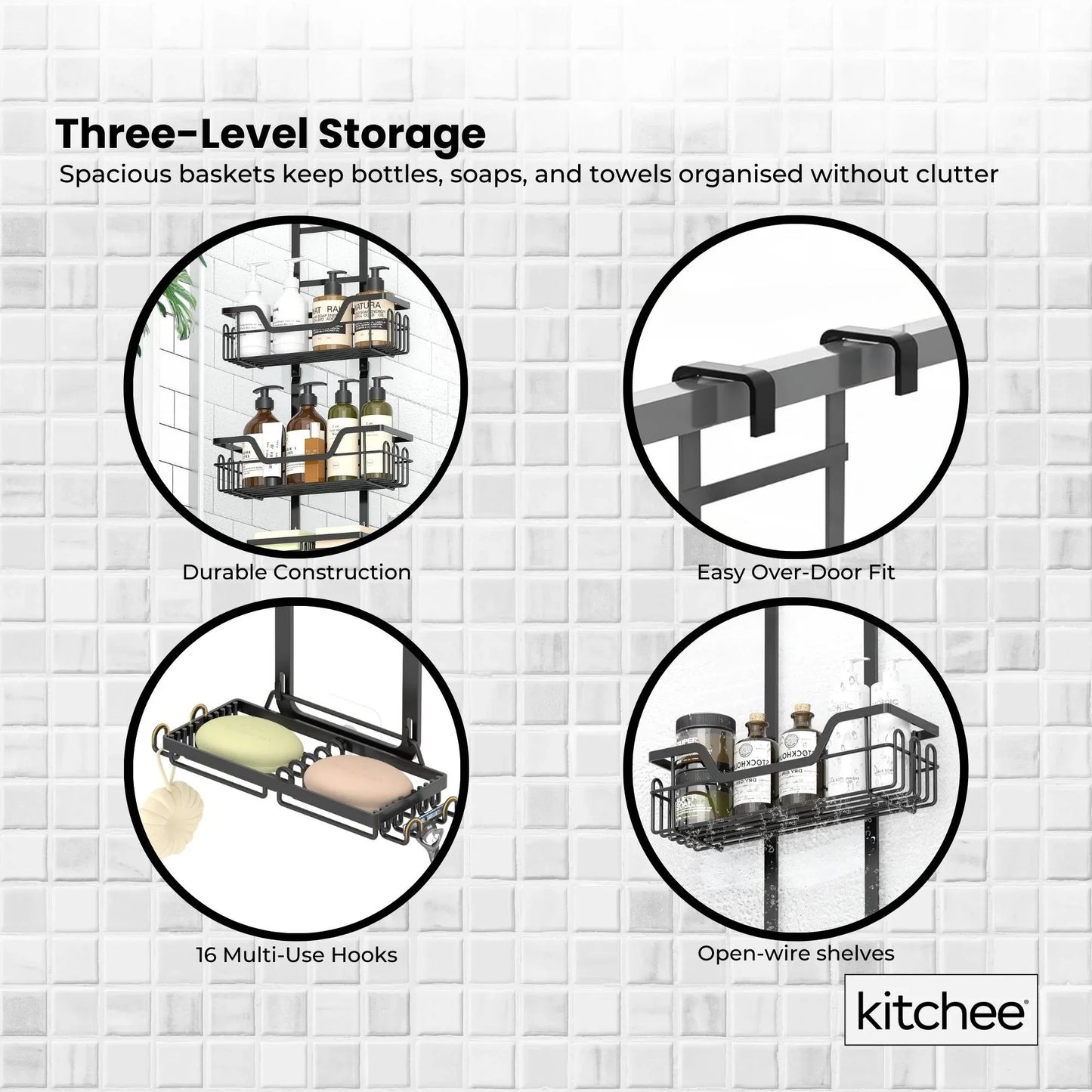 Kitchee 3 Tier Shower Caddy Over Door Bathroom Hanging Shelf Storage Rack Black - Mekamart Australia