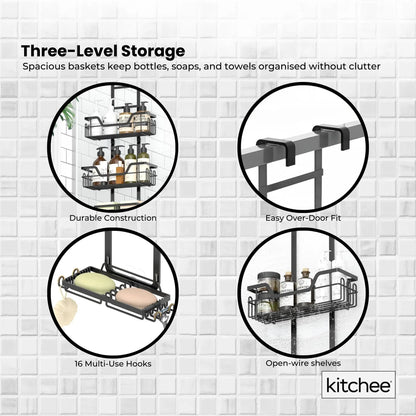 Kitchee 3 Tier Shower Caddy Over Door Bathroom Hanging Shelf Storage Rack Black - Mekamart Australia