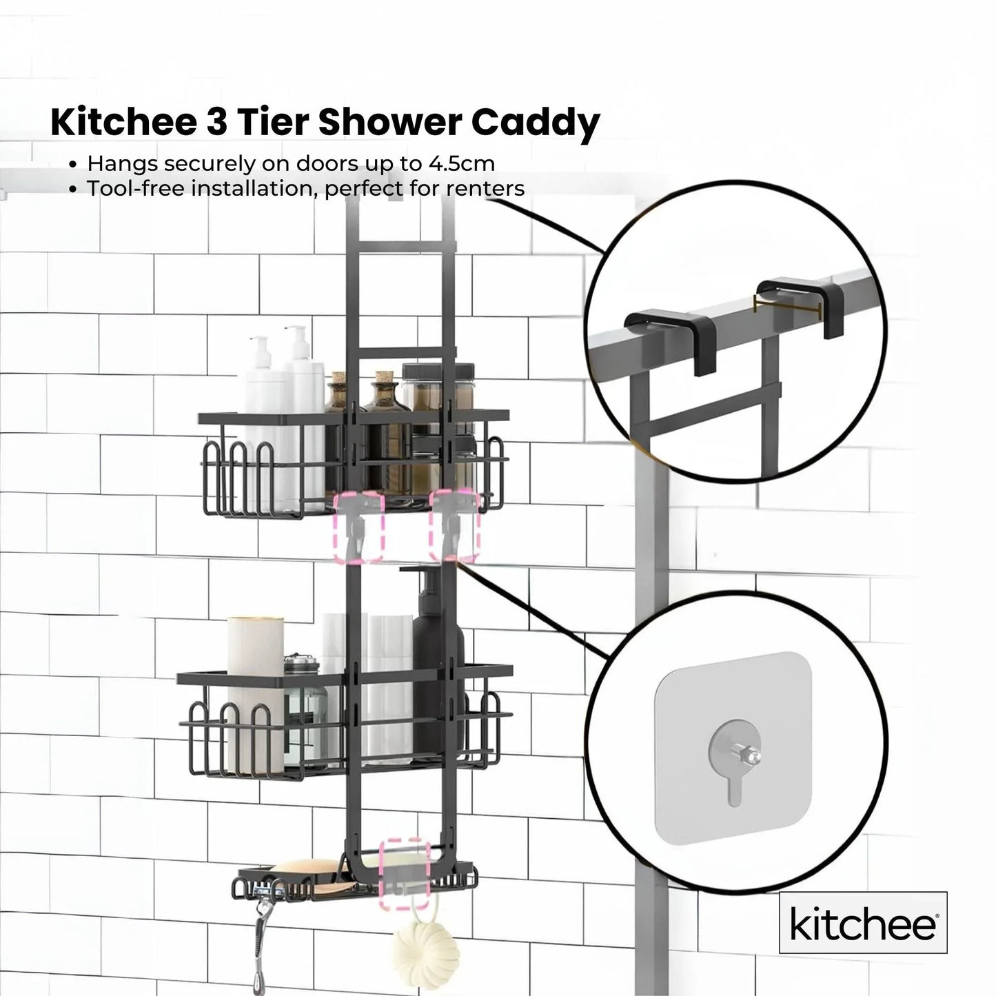 Kitchee 3 Tier Shower Caddy Over Door Bathroom Hanging Shelf Storage Rack Black - Mekamart Australia