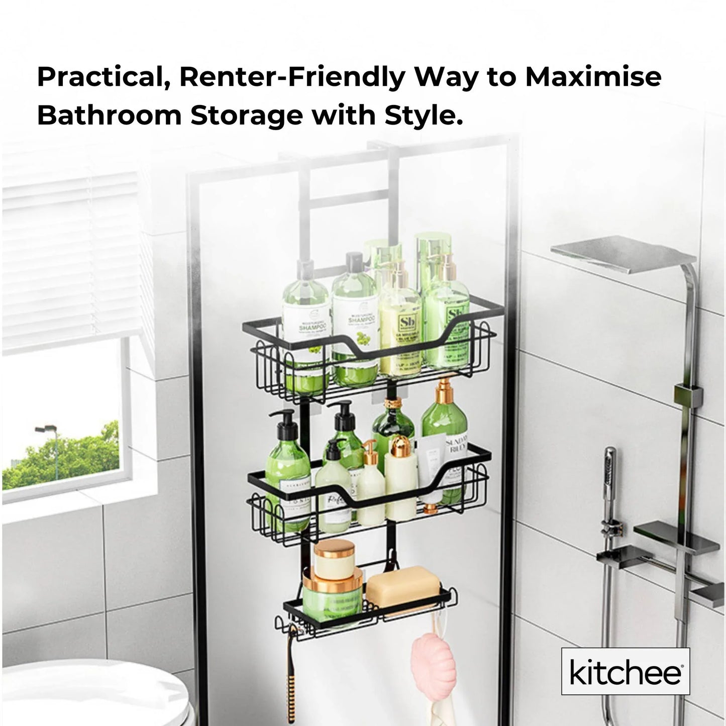 Kitchee 3 Tier Shower Caddy Over Door Bathroom Hanging Shelf Storage Rack Black - Mekamart Australia
