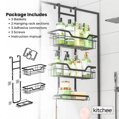 Kitchee 3 Tier Shower Caddy Over Door Bathroom Hanging Shelf Storage Rack Black - Mekamart Australia