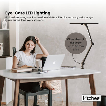 Kitchee Tri-Fold LED Desk Lamp with Clamp - Swinging Arm Eye-Care Dimmable Light