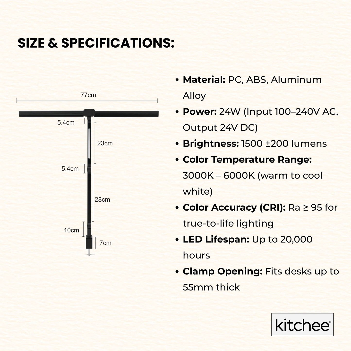 Kitchee Tri-Fold LED Desk Lamp with Clamp - Swinging Arm Eye-Care Dimmable Light