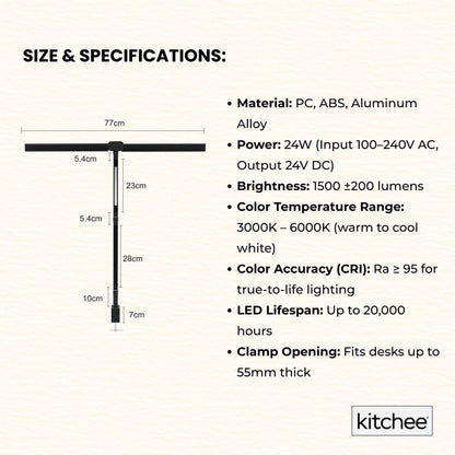 Kitchee Tri-Fold LED Desk Lamp with Clamp - Swinging Arm Eye-Care Dimmable Light