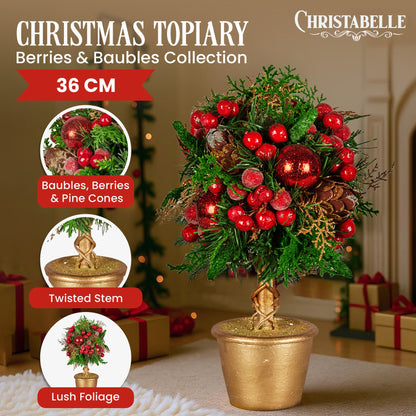 Christabelle 36cm Christmas Tabletop Topiary Tree Pre-Decorated Berries, Baubles & Pine Cones Gold Pot Twisted Stem Festive Decoration