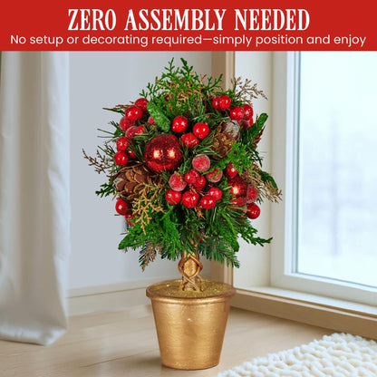 Christabelle 36cm Christmas Tabletop Topiary Tree Pre-Decorated Berries, Baubles & Pine Cones Gold Pot Twisted Stem Festive Decoration
