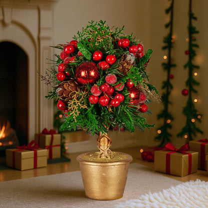 Christabelle 36cm Christmas Tabletop Topiary Tree Pre-Decorated Berries, Baubles & Pine Cones Gold Pot Twisted Stem Festive Decoration