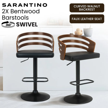 Sarantino Set Of 2 Bentwood Walnut Barstool Adjustable Height Swivel Footrest - Mekamart Australia