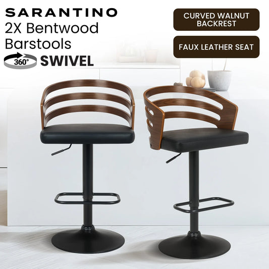 Sarantino Set Of 2 Bentwood Walnut Barstool Adjustable Height Swivel Footrest - Mekamart Australia