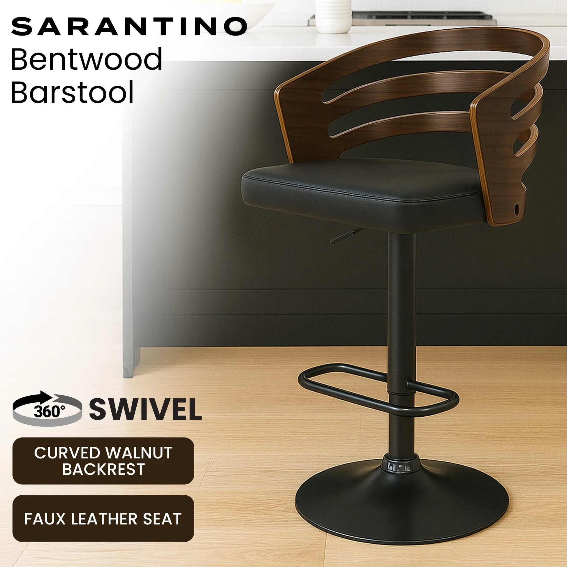 Sarantino Bentwood Walnut Barstool Leather Seat And Metal Base - Mekamart Australia