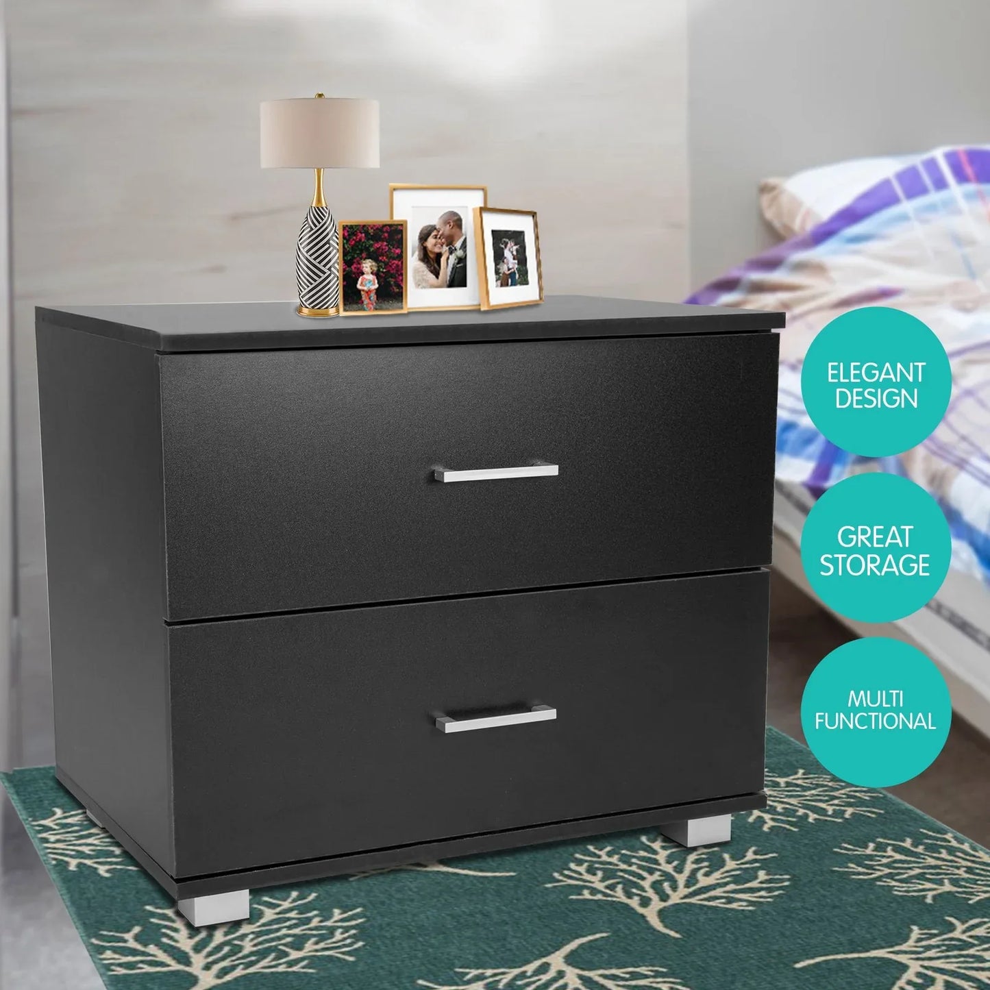 Sarantino Bedside Table Cabinet Storage Chest 2 Drawers Lamp Side Nightstand - Black - Mekamart Australia