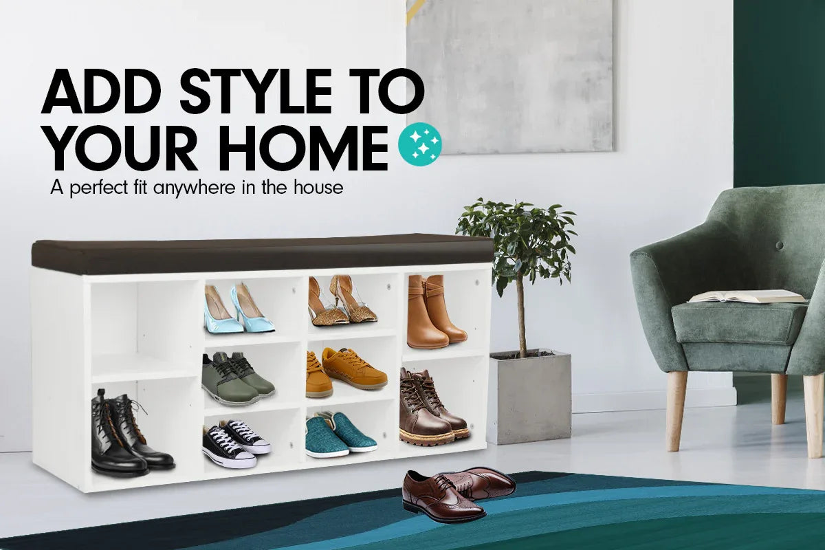 Sarantino Shoe Rack Cabinet Organiser Brown Cushion Bench Stool - 104 X 30 X 45 - White - Mekamart Australia