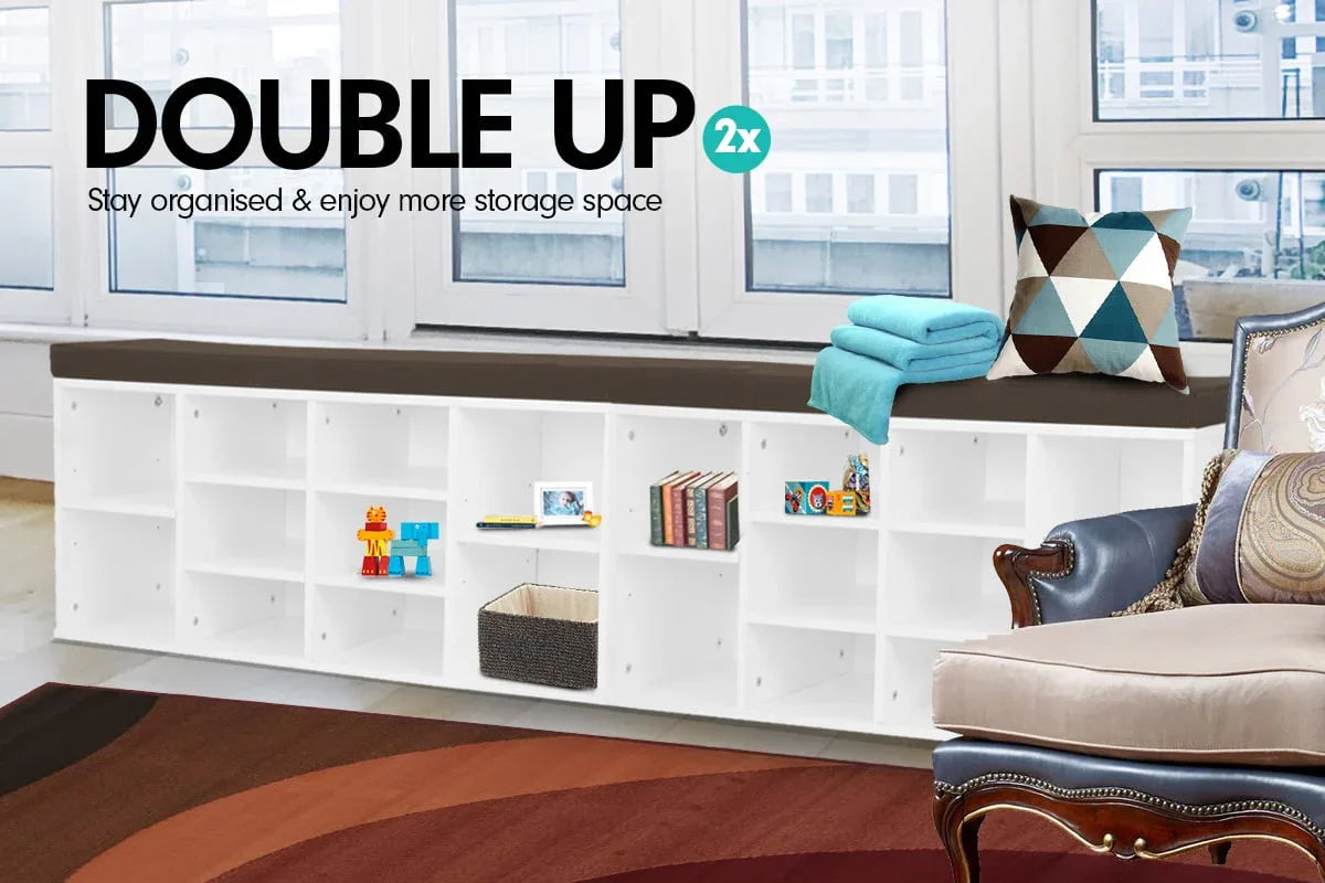 Sarantino Shoe Rack Cabinet Organiser Brown Cushion Bench Stool - 104 X 30 X 45 - White - Mekamart Australia