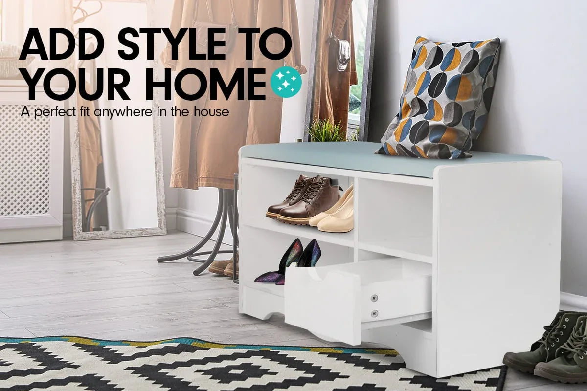 Sarantino Shoe Rack Cabinet Organiser Grey Cushion Stool Bench - 80 X 30 X 45 - White - Mekamart Australia