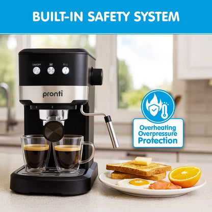 Pronti CM-850D Coffee Machine 20 Bar Espresso Maker with Milk Frother and 1.25L Tank