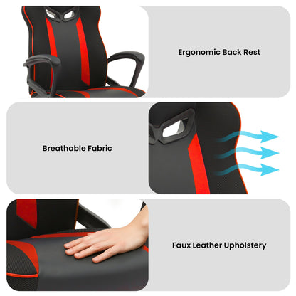 Sarantino Fayzo Racing Reclining Office Gaming Chair Black And Red Adjustable Computer Desk Seat With Adjustable Height, Breathable Mesh Back, Padded Armrests