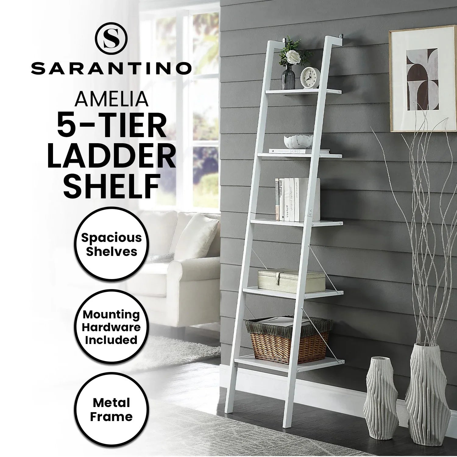 Sarantino Amelia 5-Tier Ladder Shelf in White - Mekamart Australia