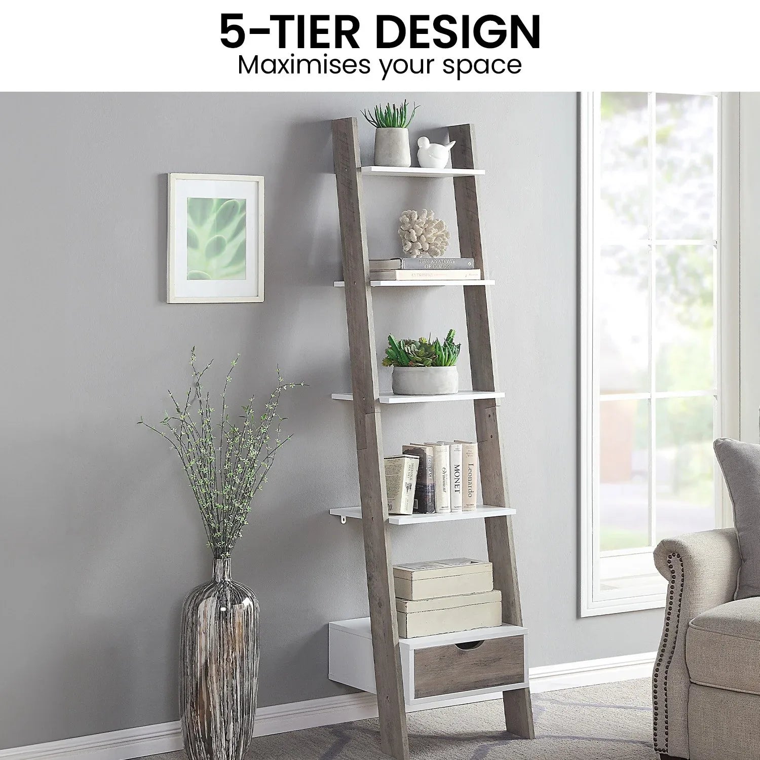 Sarantino Mira 5-tier Ladder Shelf In White And Grey Oak - Mekamart Australia