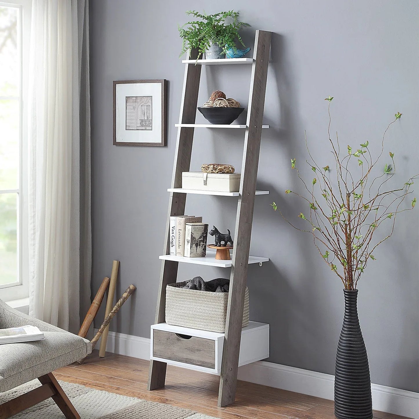 Sarantino Mira 5-tier Ladder Shelf In White And Grey Oak - Mekamart Australia