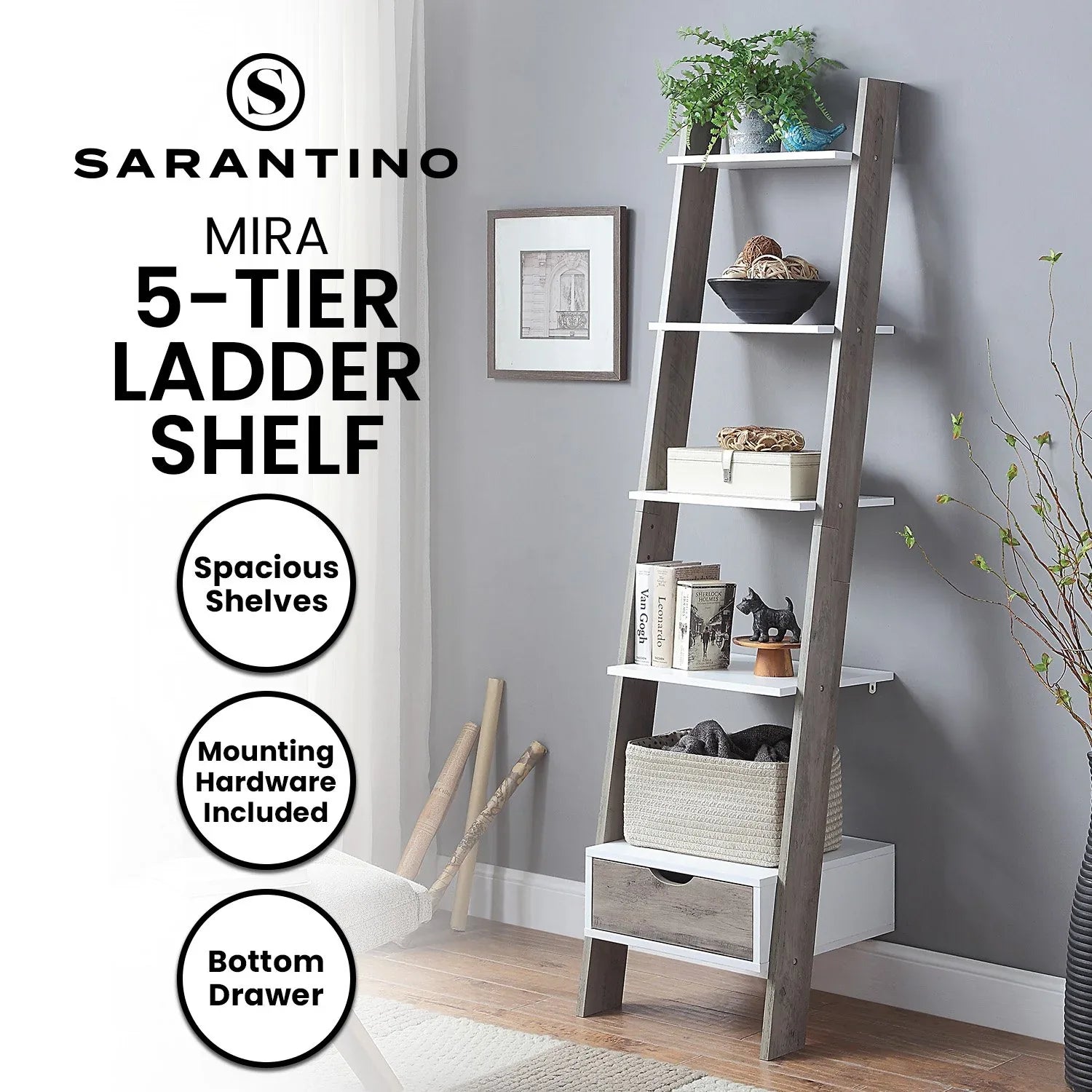 Sarantino Mira 5-tier Ladder Shelf In White And Grey Oak - Mekamart Australia