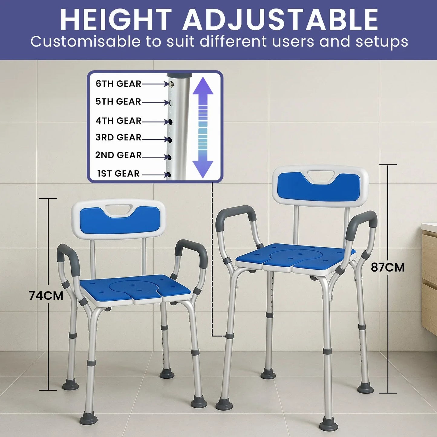 Orthonica Height-Adjustable Aluminium Commode Shower Chair with Armrests Backrest Armrests Soft Stool Seat Aid