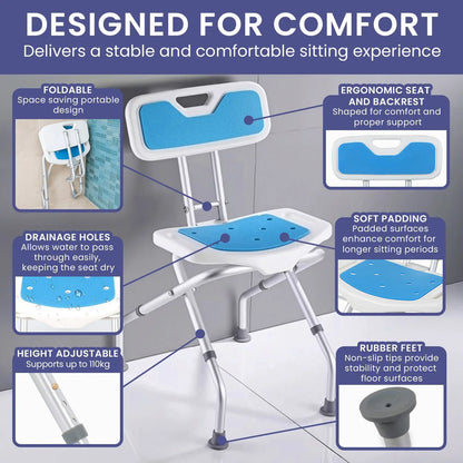 Orthonica Compact & Foldable Commode Shower Chair w/Height Adjustable Aluminium Frame Non Slip Feet HDPE Seat & Backrest - Mekamart Australia