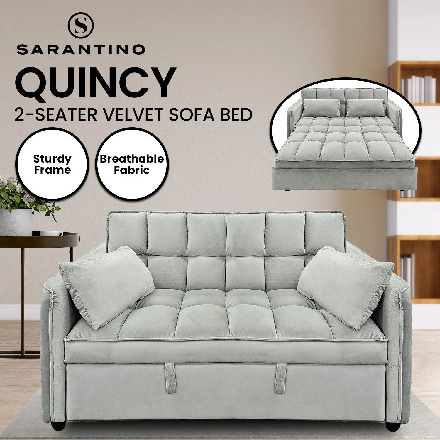 Sarantino Quincy 2-Seater Velvet Sofa Bed in Light Grey with Wooden Frame and Tufted Design - Mekamart Australia