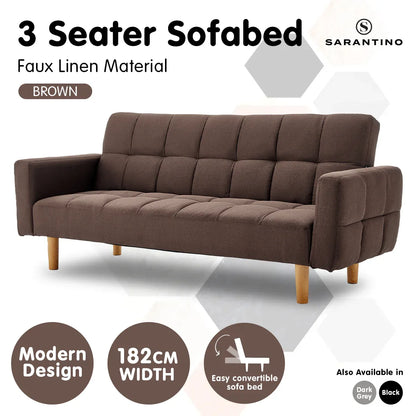 Sarantino 3-Seater Fabric Sofa Bed Futon - Brown - Mekamart Australia