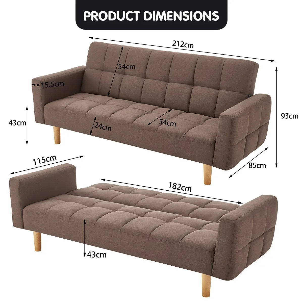 Sarantino 3-Seater Fabric Sofa Bed Futon - Brown - Mekamart Australia