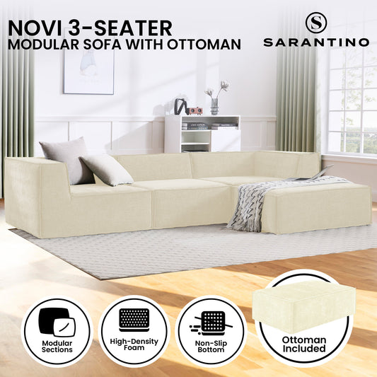 Sarantino Novi 3-Seater Modular Sofa with Ottoman in Cream Non-Slip Bottom Lounge