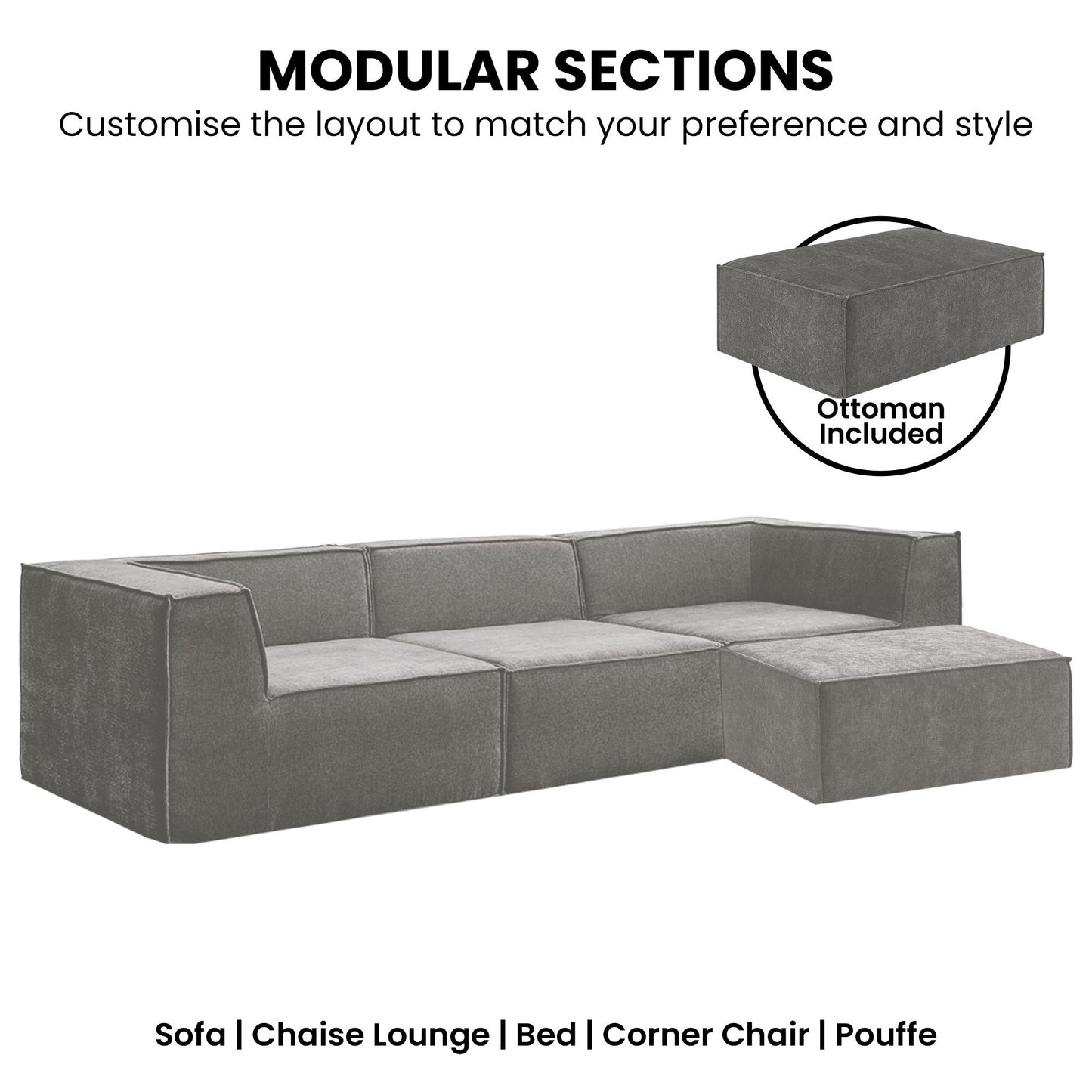 Sarantino Novi 3-Seater Modular Sofa with Ottoman in Grey Non-Slip Bottom Lounge