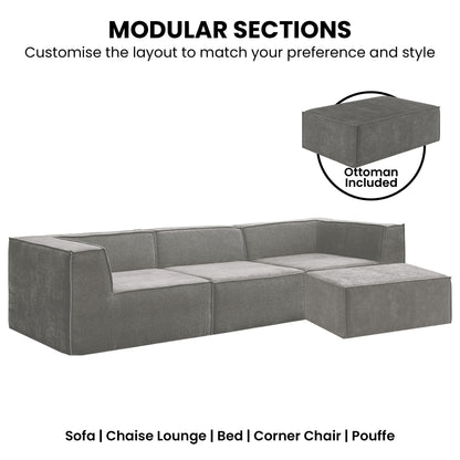 Sarantino Novi 3-Seater Modular Sofa with Ottoman in Grey Non-Slip Bottom Lounge