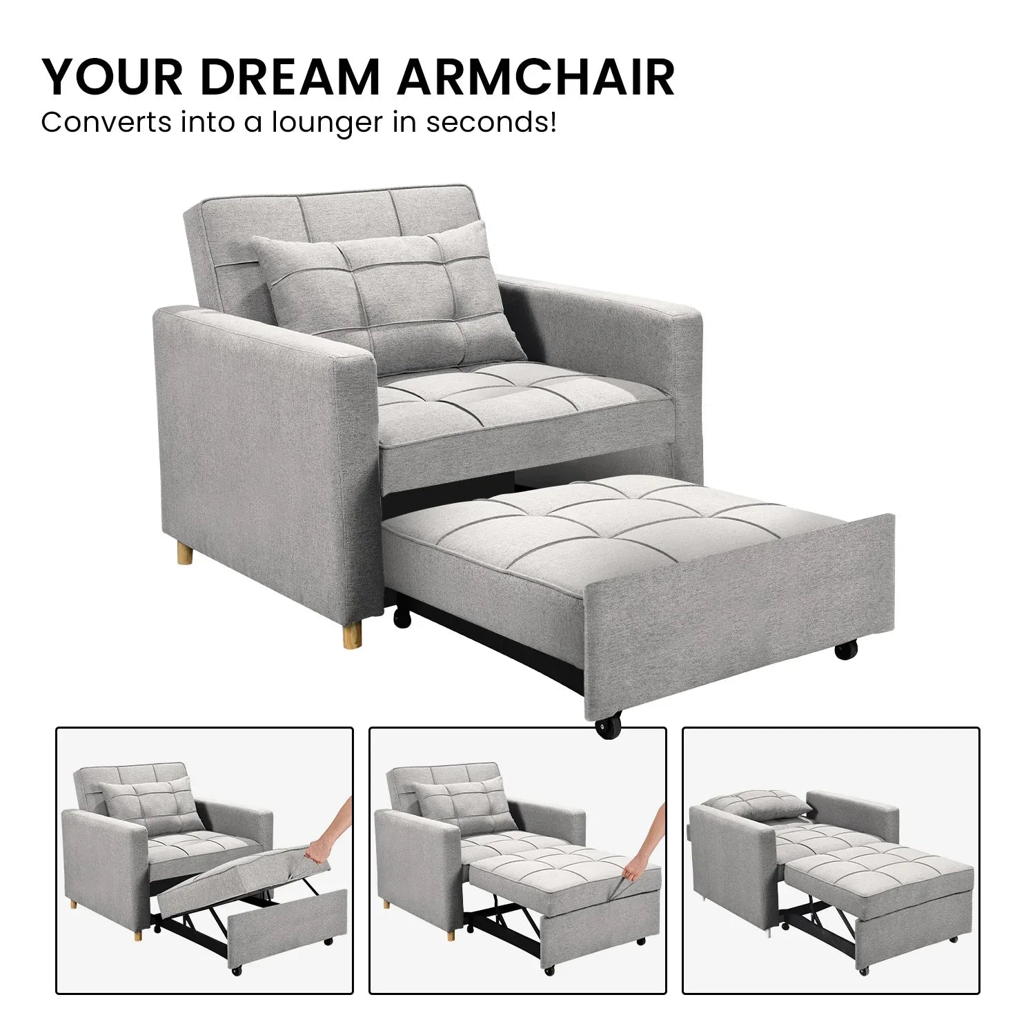 Sarantino Suri 3-in-1 Convertible Sofa Chair Bed Lounger - Light Grey - Mekamart Australia