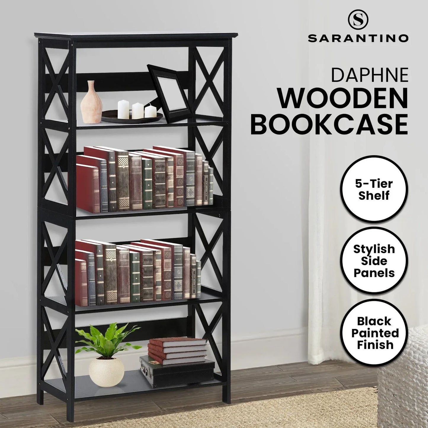 Sarantino Daphne 5-tier Cross Panel Bookshelf - Mekamart Australia