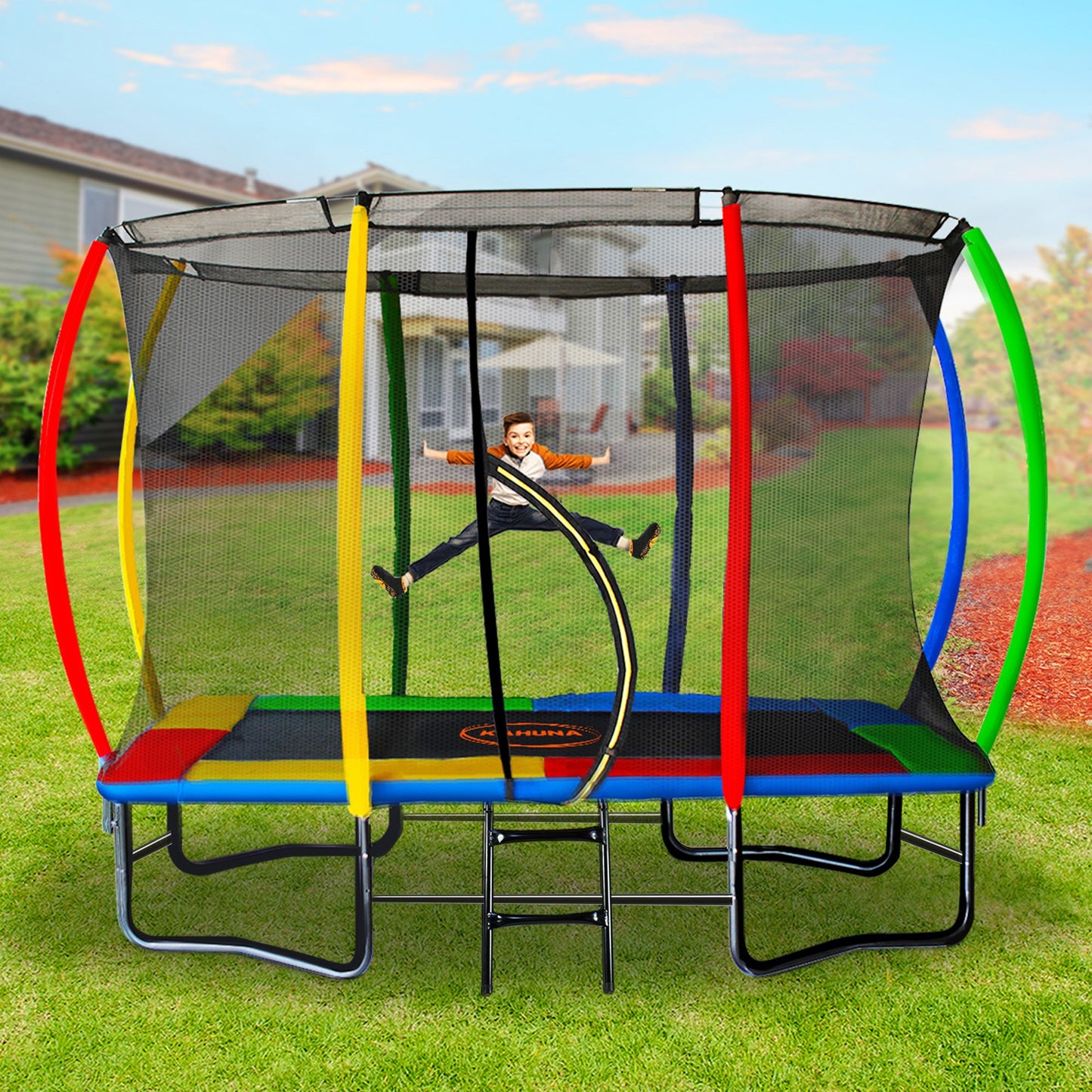 Kahuna 8ft x 11ft Rectangular Trampoline Rainbow Free Safety Net Spring Pad Cover Mat Ladder