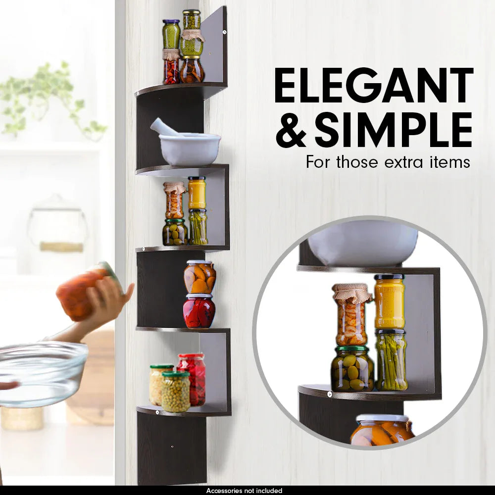 Sarantino 5 Tier Corner Wall Shelf Display Shelves Dvd Book Storage Rack Floating Mounted - Dark Brown - Mekamart Australia