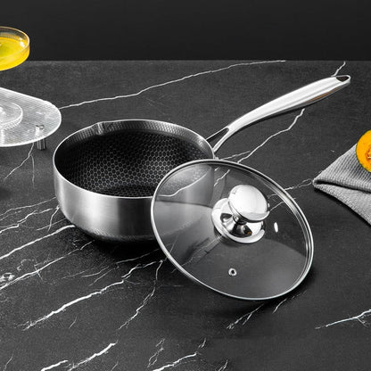 24cm 316L Stainless Steel Saucepan Compound Steel Honeycomb Nonstick Sauce Pan with Glass Lid 3.2L Pot Stay-Cool Handle Multipurpose Milk Saucepan, Induction Capable and Gas Stove