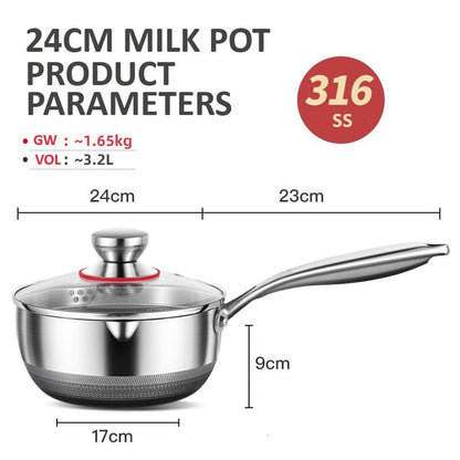 24cm 316L Stainless Steel Saucepan Compound Steel Honeycomb Nonstick Sauce Pan with Glass Lid 3.2L Pot Stay-Cool Handle Multipurpose Milk Saucepan, Induction Capable and Gas Stove