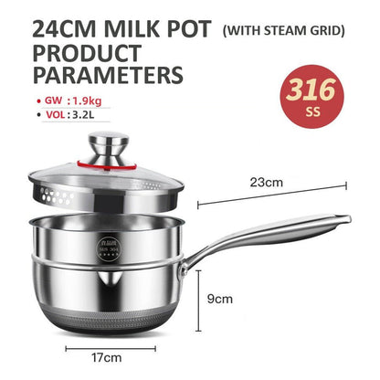 24cm 316L Stainless Steel Saucepan Compound Steel Honeycomb Nonstick Sauce Pan with Glass Lid 3.2L Pot Stay-Cool Handle Multipurpose Milk Saucepan, Induction Capable and Gas Stove
