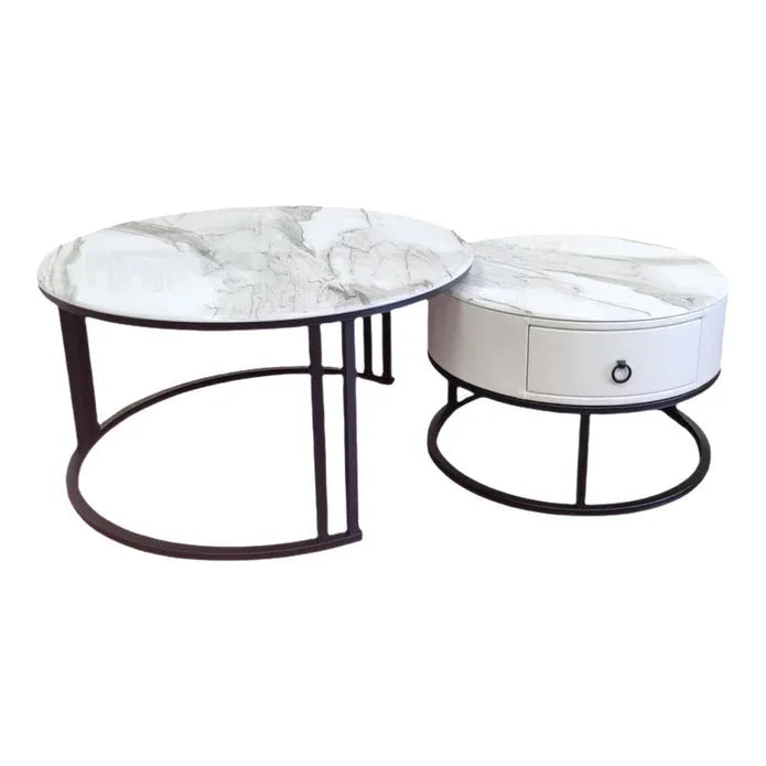 Snowy Mountain Faux Modern Marble Slate Nesting Coffee Table Set Leather Wrapped Wood Drawers - Mekamart Australia