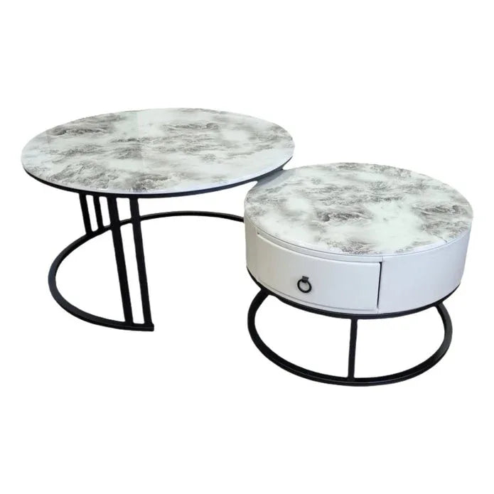 Snowy Mountain Faux Modern Marble Slate Nesting Coffee Table Set Leather Wrapped Wood Drawers - Mekamart Australia