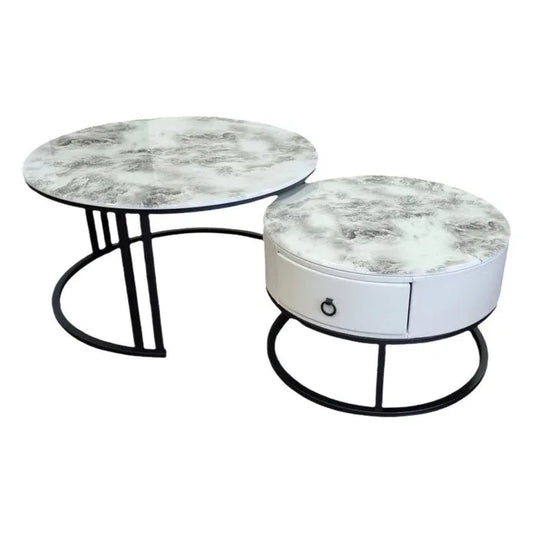 Snowy Mountain Faux Modern Marble Slate Nesting Coffee Table Set Leather Wrapped Wood Drawers - Mekamart Australia