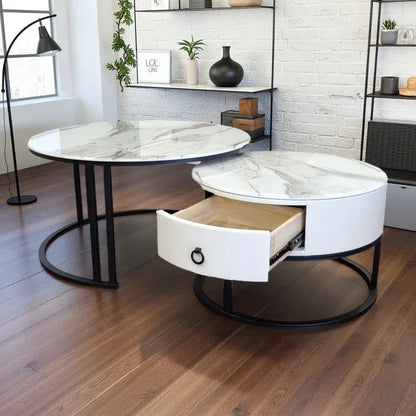 Snowy Mountain Faux Modern Marble Slate Nesting Coffee Table Set Leather Wrapped Wood Drawers - Mekamart Australia