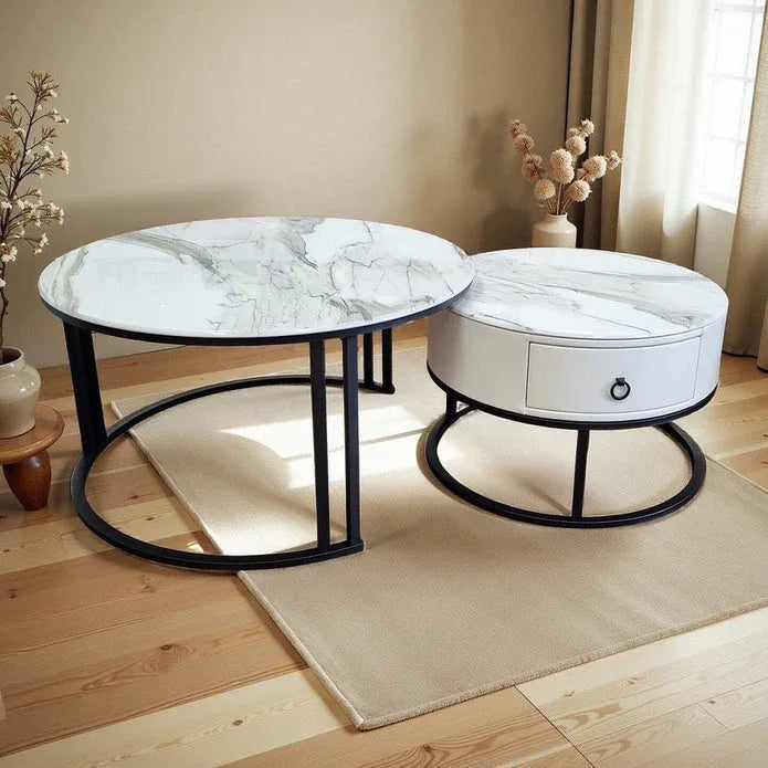 Snowy Mountain Faux Modern Marble Slate Nesting Coffee Table Set Leather Wrapped Wood Drawers - Mekamart Australia