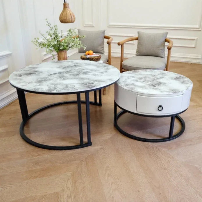 Snowy Mountain Faux Modern Marble Slate Nesting Coffee Table Set Leather Wrapped Wood Drawers - Mekamart Australia