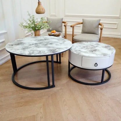 Snowy Mountain Faux Modern Marble Slate Nesting Coffee Table Set Leather Wrapped Wood Drawers - Mekamart Australia